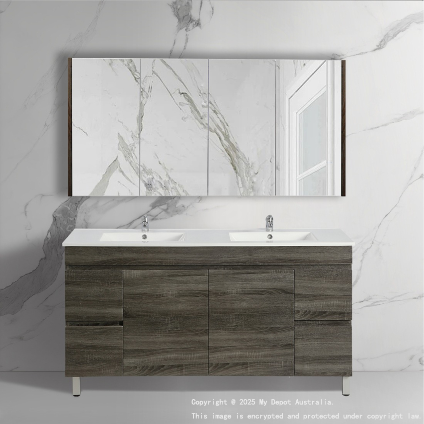 1500mm Dark Grey MDF Bathroom Vanity 4 Side Drawers 2 Middle Doors Free Standing Cabinet Only