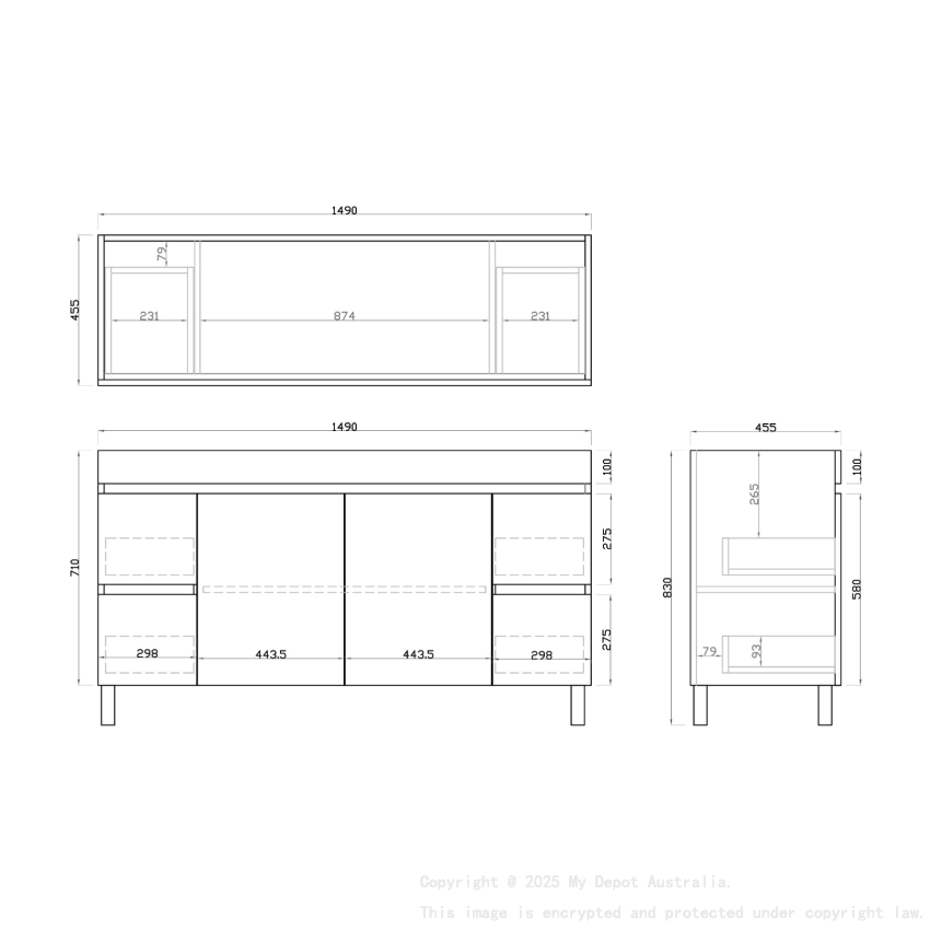 1500mm Dark Oak MDF Bathroom Vanity 4 Side Drawers 2 Middle Doors Free Standing Cabinet Only