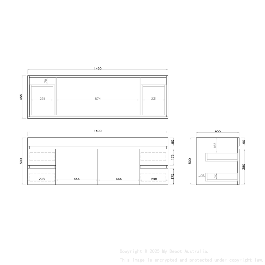 1500mm Dark Oak MDF Bathroom Vanity 4 Side Drawers 2 Middle Doors Wall Hung Cabinet Only