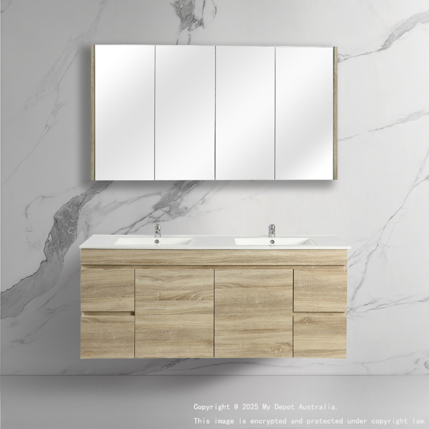 1500mm White Oak MDF Bathroom Vanity 4 Side Drawers 2 Middle Doors Wall Hung Cabinet Only