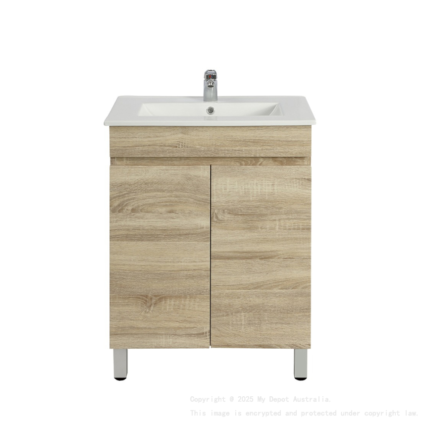 600mm Narrow White Oak MDF Bathroom Vanity 2 Doors Free Standing Cabinet Only