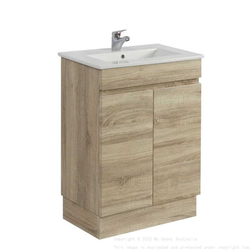 600mm Narrow White Oak MDF Bathroom Vanity 2 Doors Free Standing Cabinet Only