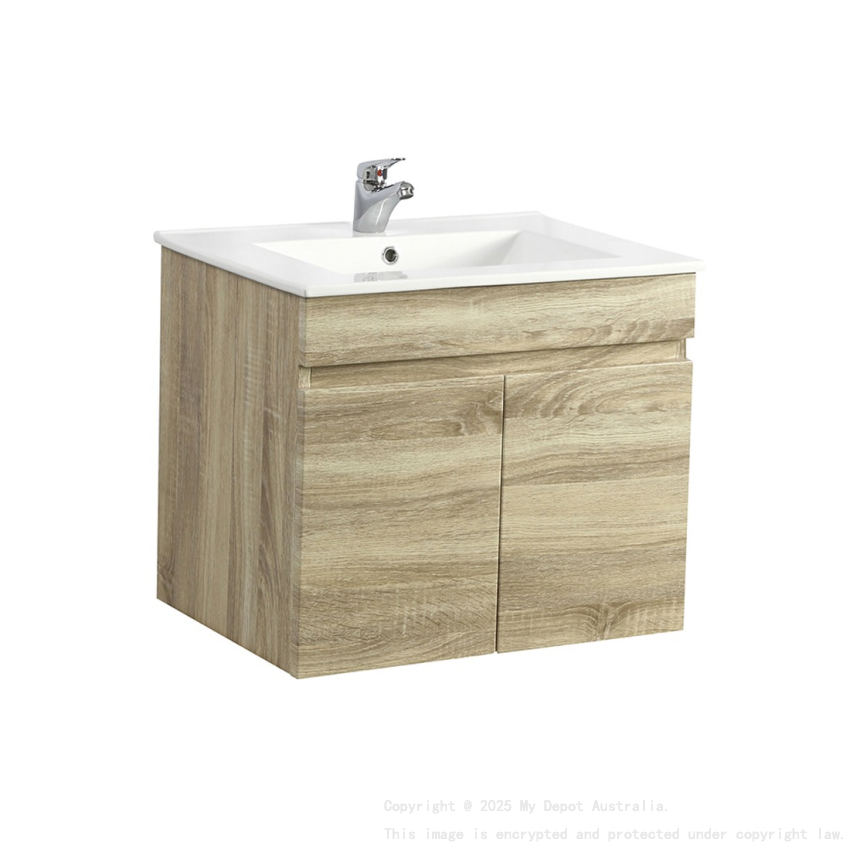 600mm Narrow White Oak MDF Bathroom Vanity 2 Doors Wall Hung Cabinet Only