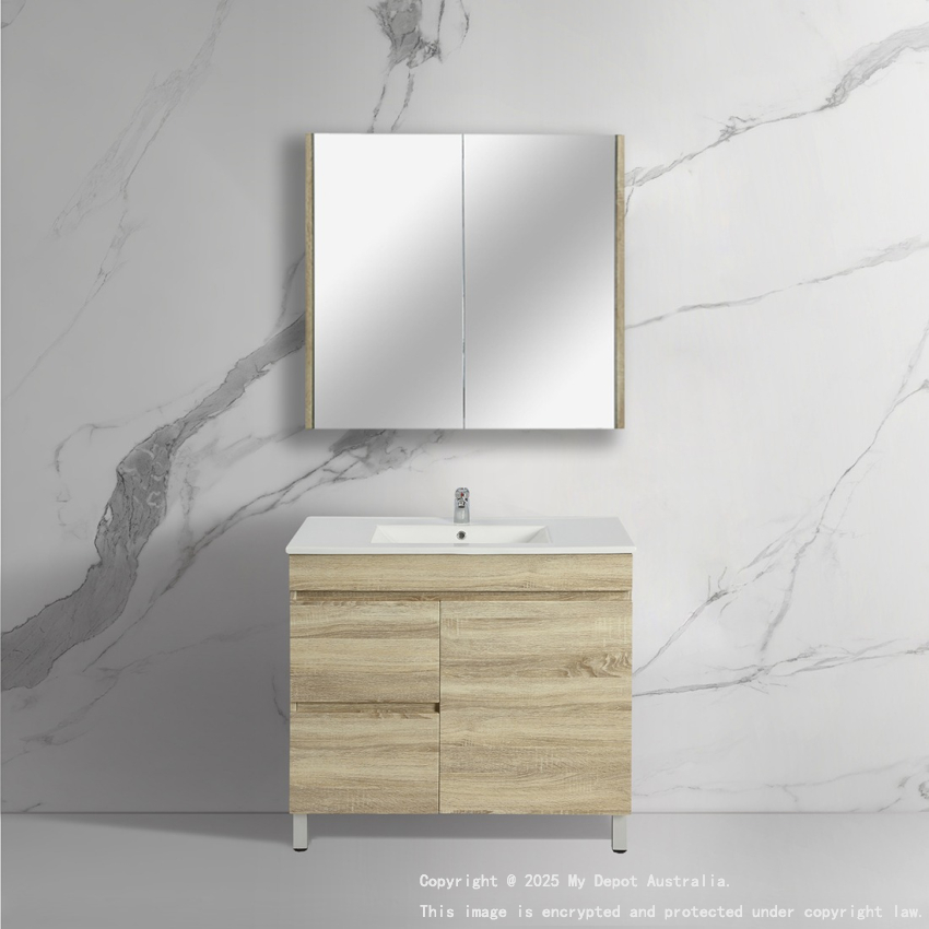 750mm Narrow White Oak MDF Bathroom Vanity Left Drawers Free Standing Cabinet Only