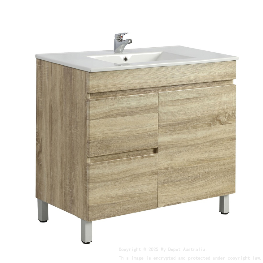 750mm Narrow White Oak MDF Bathroom Vanity Left Drawers Free Standing Cabinet Only