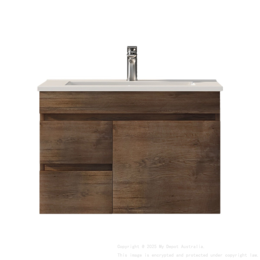 750mm Narrow Dark Oak MDF Bathroom Vanity Left Drawers Wall Hung Cabinet Only
