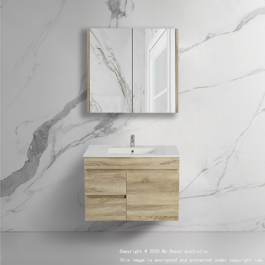 750mm Narrow White Oak MDF Bathroom Vanity Left Drawers Wall Hung Cabinet Only