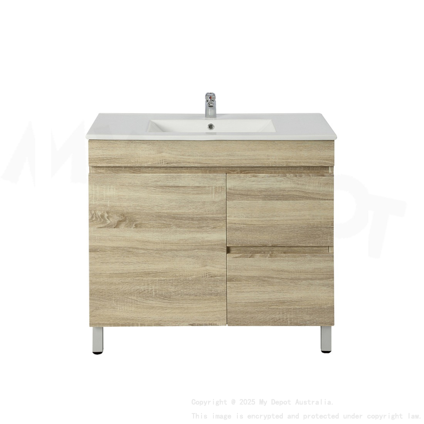 750mm Narrow White Oak MDF Bathroom Vanity Right Drawers Free Standing Cabinet Only