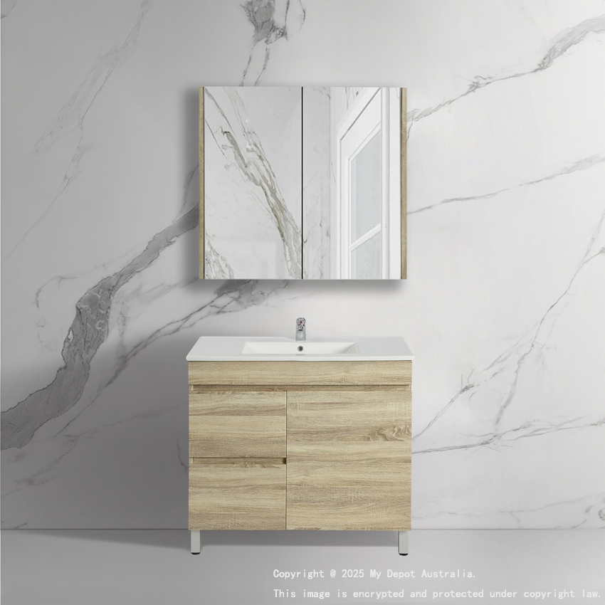 750mm White Oak MDF Bathroom Vanity Left Drawers 1-Door Free Standing for Bathroom Cabinet Only