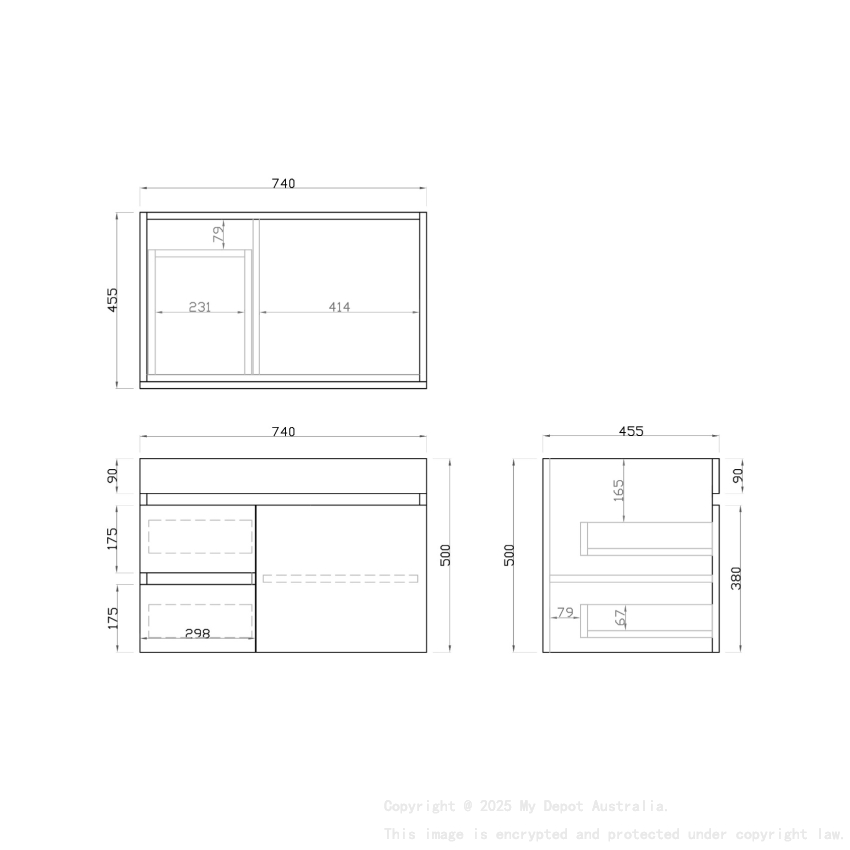 750mm Dark Oak MDF Bathroom Vanity Left Drawers Wall Hung Cabinet Only