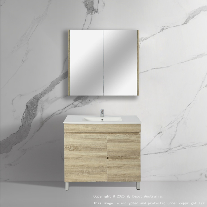 750mm White Oak MDF Bathroom Vanity Right Drawers Free Standing Cabinet Only