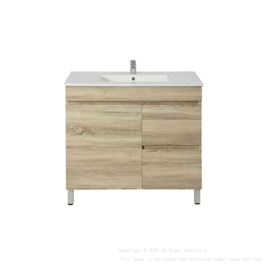 750mm White Oak MDF Bathroom Vanity Right Drawers Free Standing Cabinet Only