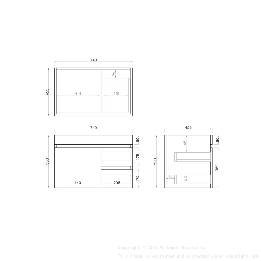 750mm Dark Oak MDF Bathroom Vanity Right Drawers Wall Hung Cabinet Only