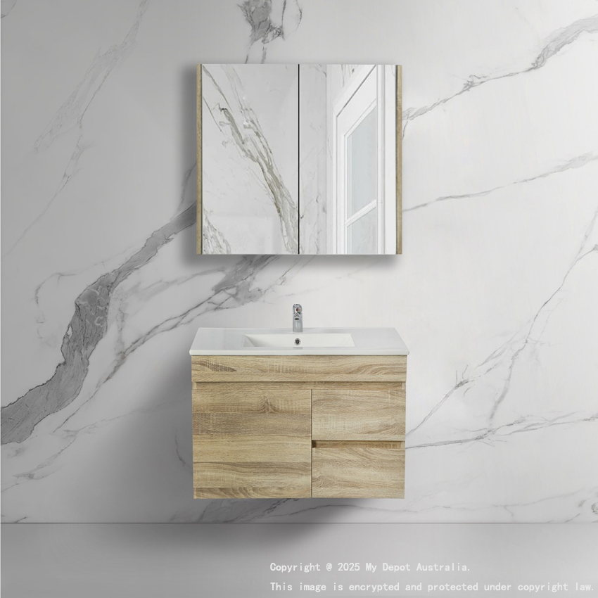 750mm White Oak MDF Bathroom Vanity Right Drawers Wall Hung Cabinet Only