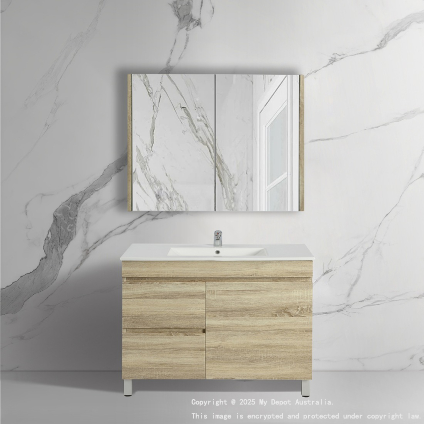 900mm White Oak MDF Bathroom Vanity Left Drawers Free Standing Cabinet Only