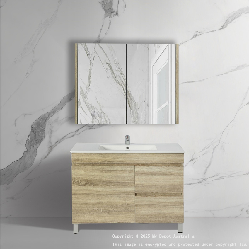 900mm White Oak MDF Bathroom Vanity Right Drawers Free Standing Cabinet Only