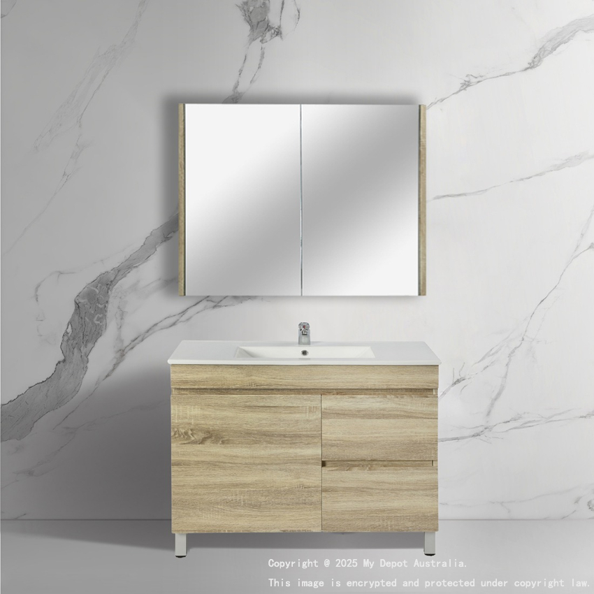 900mm White Oak MDF Bathroom Vanity Right Drawers Free Standing Cabinet Only