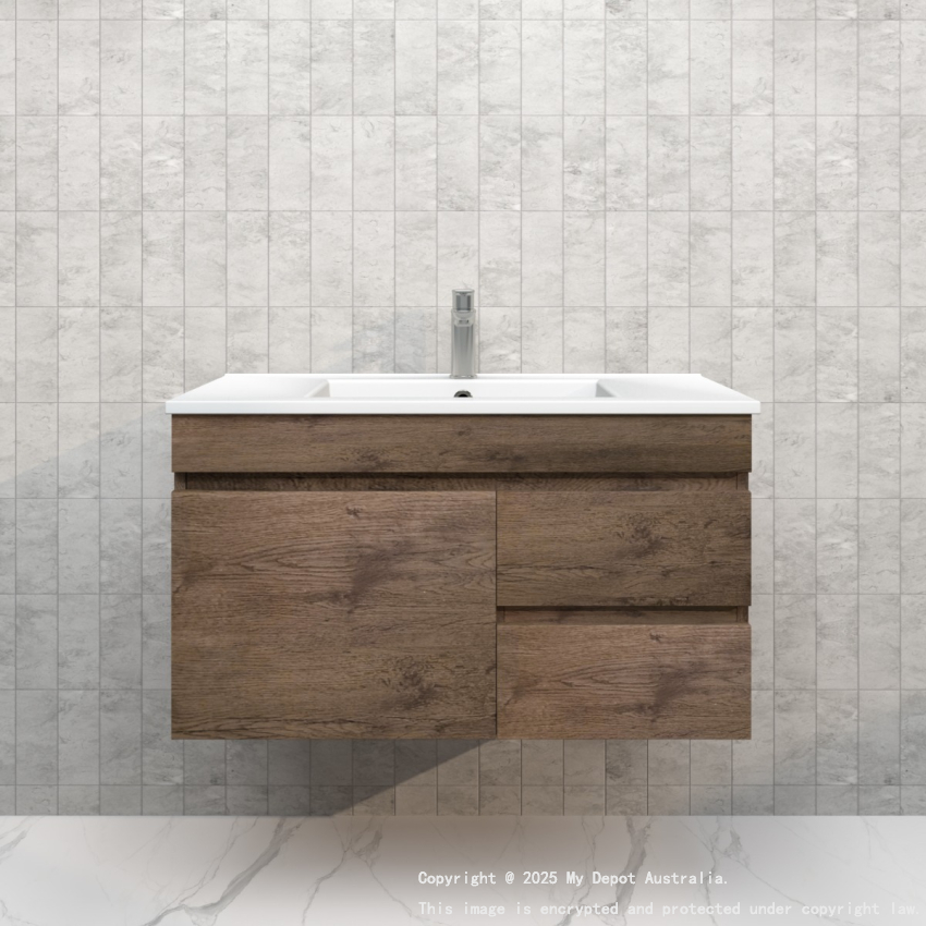 900mm Dark Oak MDF Wall Hung Bathroom Floating Vanity Right Drawers Cabinet Only