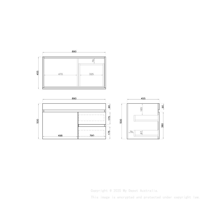 900mm Dark Oak MDF Wall Hung Bathroom Floating Vanity Right Drawers Cabinet Only