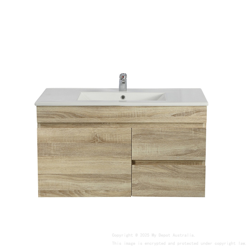 900mm White Oak MDF Bathroom Vanity Right Drawers Wall Hung Cabinet Only
