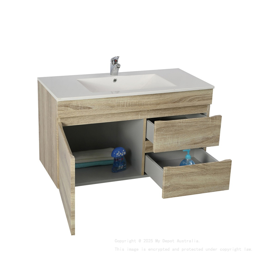900mm White Oak MDF Bathroom Vanity Right Drawers Wall Hung Cabinet Only