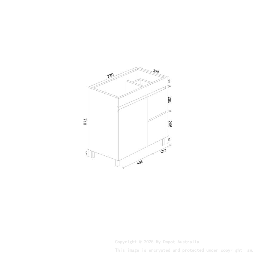 750*350*710mm Freestangding Gloss White Slim PVC Vanity Right Drawer Cabinet Only