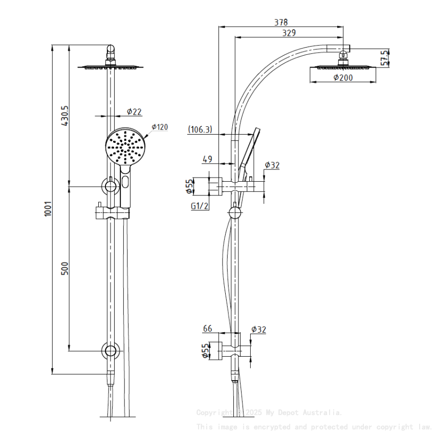 Rund Brushed Gold Sliding Rail With 3 Spray Function Hand Shower