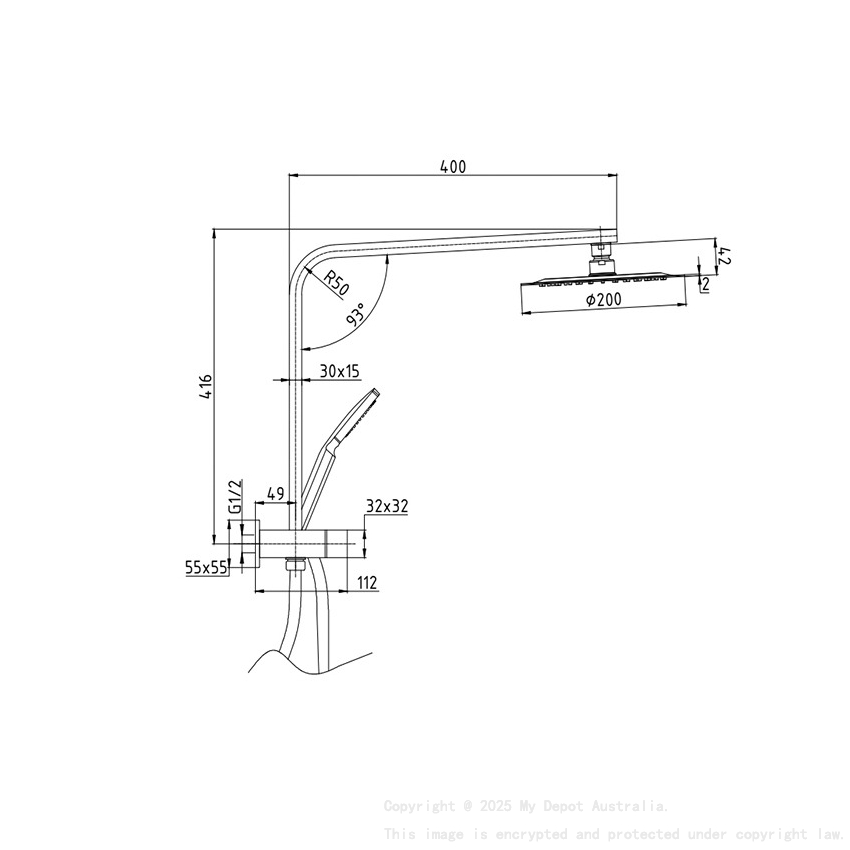 Eckig Chrome 3 Spray Function Hand Shower With Overhead Rain Shower Half Rail