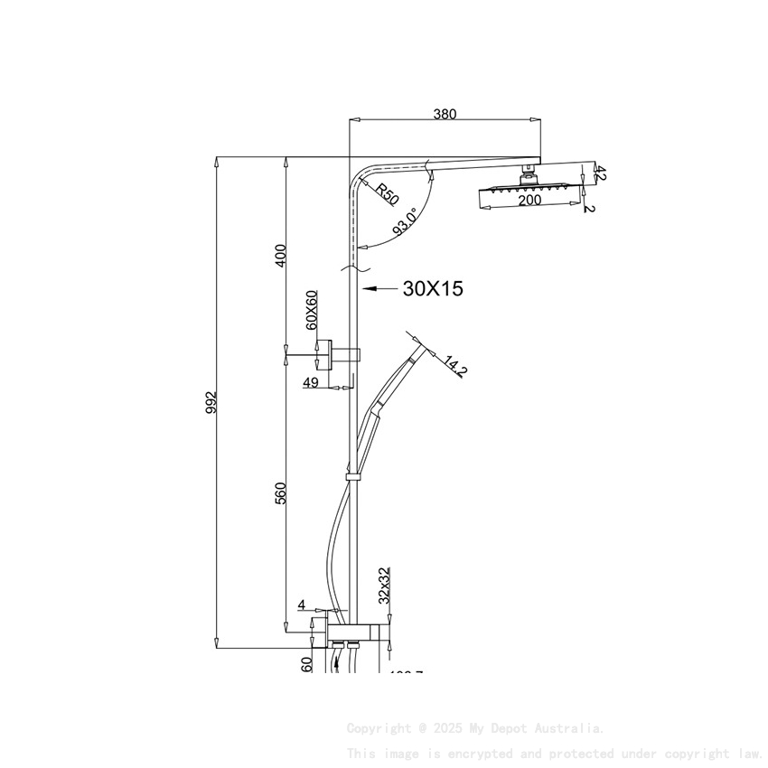 Eckig Chrome Sliding Rail With 3 Spray Function Hand Shower