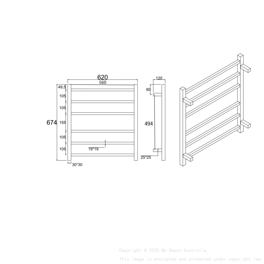 Brushed Nickel Square Electric Heated Towel Rack 6 Bars