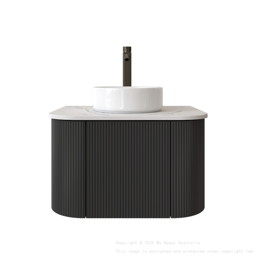 Kiama 600mm Matte Black 1 Door Curved Wall Hung Fluted Bathroom Vanity