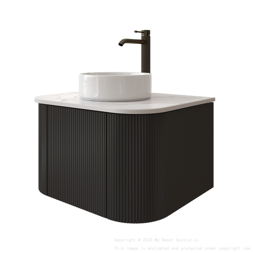 Kiama 600mm Matte Black 1 Door Curved Wall Hung Fluted Bathroom Vanity