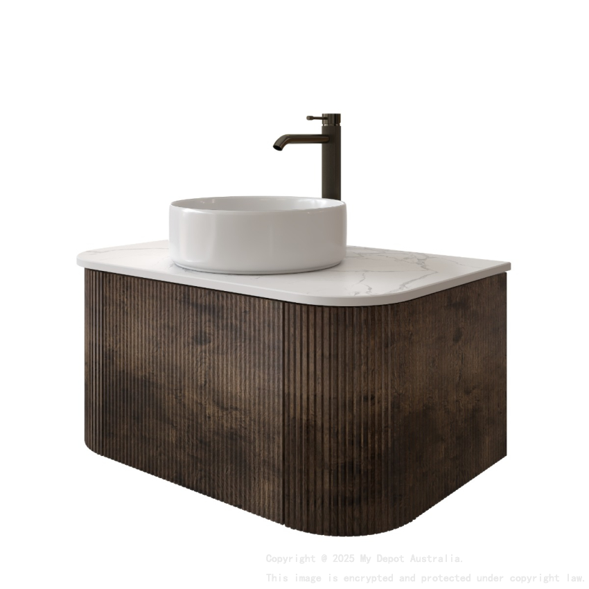 Kiama 750mm Dark Oak 1 Drawer Curved Wall Hung Fluted Bathroom Vanity