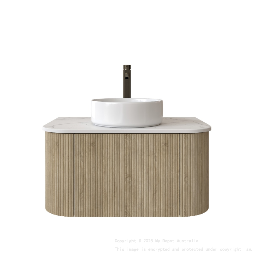 Kiama 750mm White Oak 1 Drawer Curved Wall Hung Fluted Bathroom Vanity