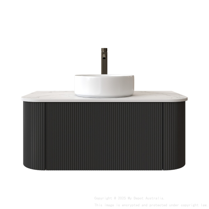 Kiama 950mm Matte Black 1 Drawer Curved Wall Hung Fluted Bathroom Vanity