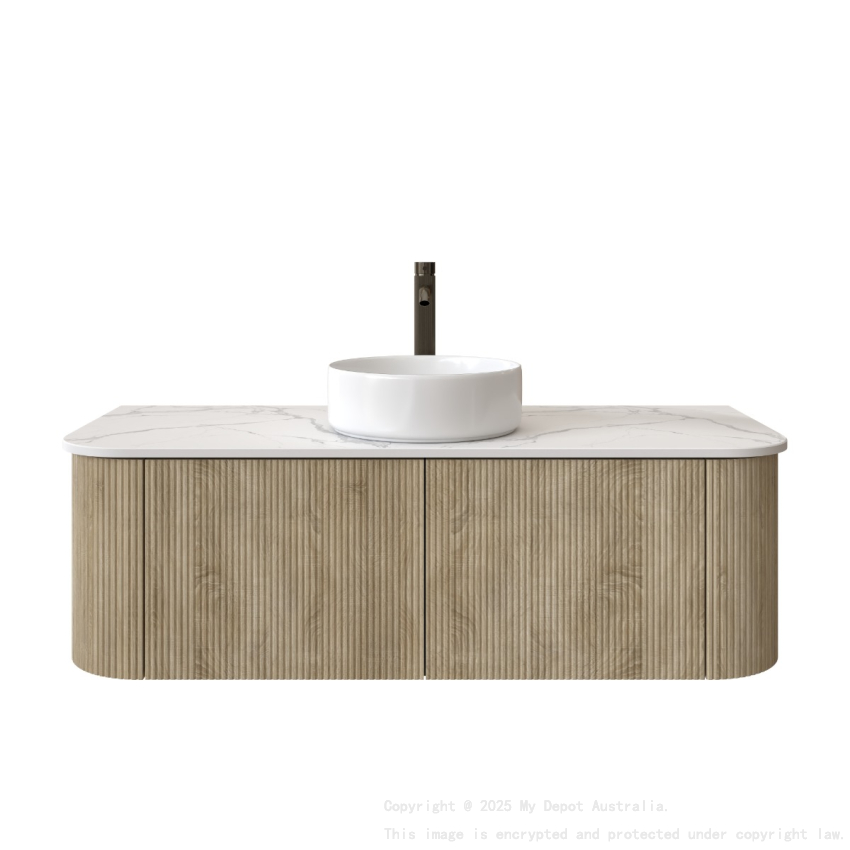 Kiama 1200mm White Oak 2 Drawers Curved Wall Hung Fluted Bathroom Vanity