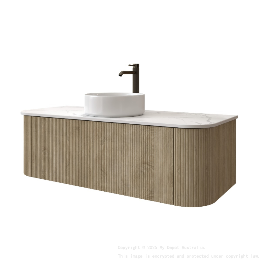 Kiama 1200mm White Oak 2 Drawers Curved Wall Hung Fluted Bathroom Vanity
