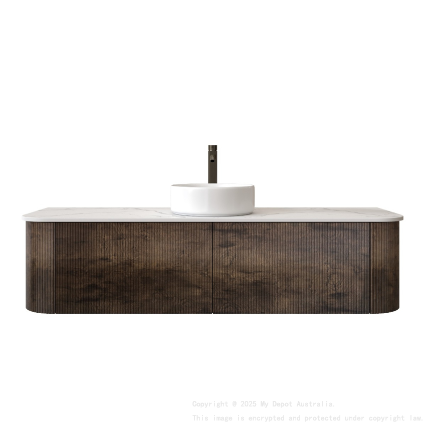 Kiama 1500mm Dark Oak 2 Drawers Curved Wall Hung Fluted Bathroom Vanity