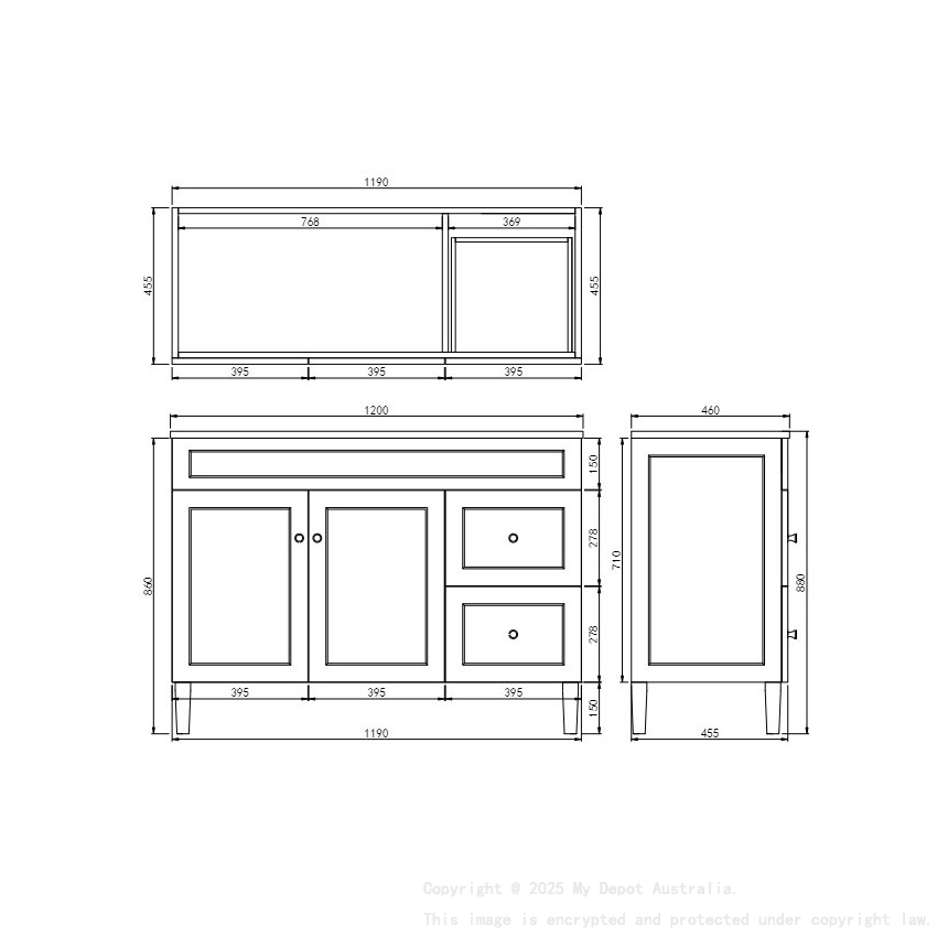 1190X455X860 Matte Black Harold Federation Free Standing PVC Cabinet Right Hand Drawers