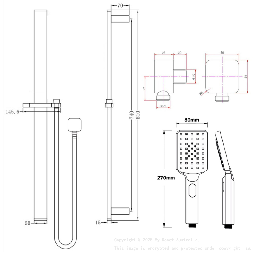 Square Chrome Sliding Shower Rail(ABS Handheld Shower)