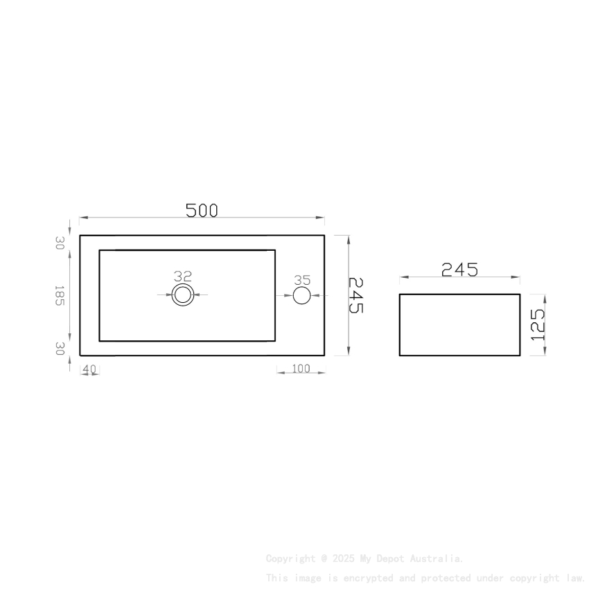 500mm Gloss White Thin Edge Ceramic Vanity Top Right Tap Hole