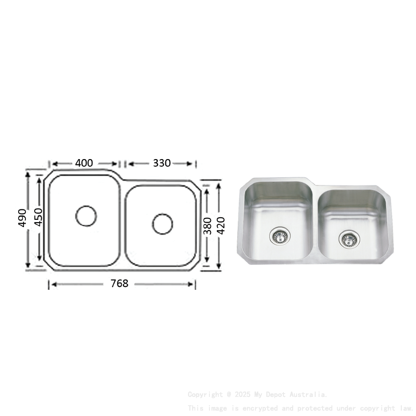 Cora Double Bowl Undermount Sink 808 x 490mm