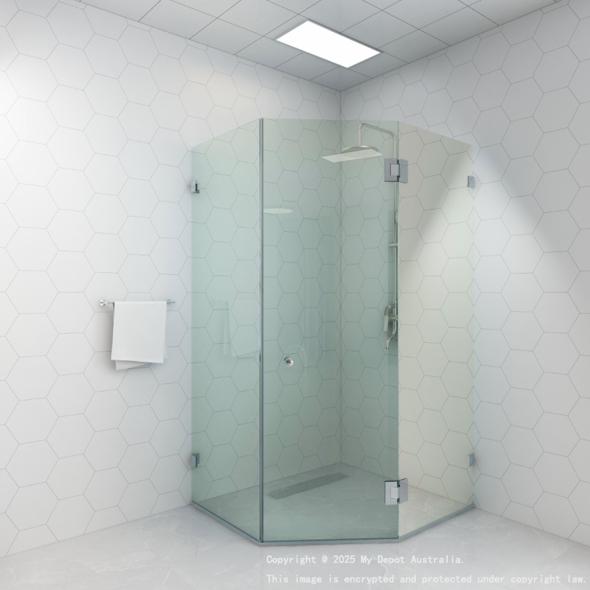 10mm Corner Frameless Shower Screens, Diamond Shape, Pivot Door