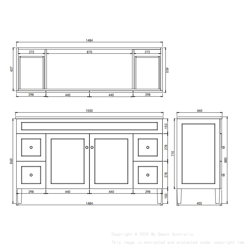 1490X455X860 Matte White Harold Federation Free Standing PVC Cabinet