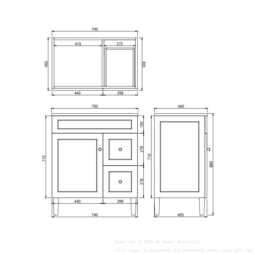 740X455X860 Matte Black Harold Federation Free Standing PVC Cabinet Right Hand Drawers