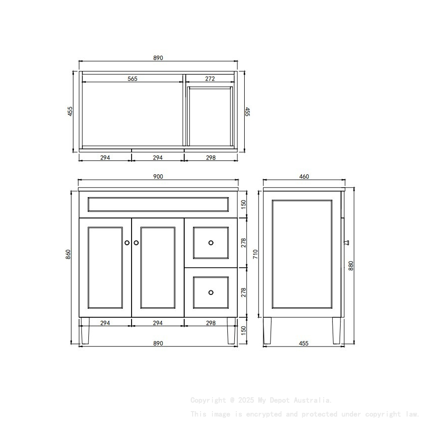890X455X860mm Matte White Harold Federation Free Standing PVC Cabinet Right Hand Drawers
