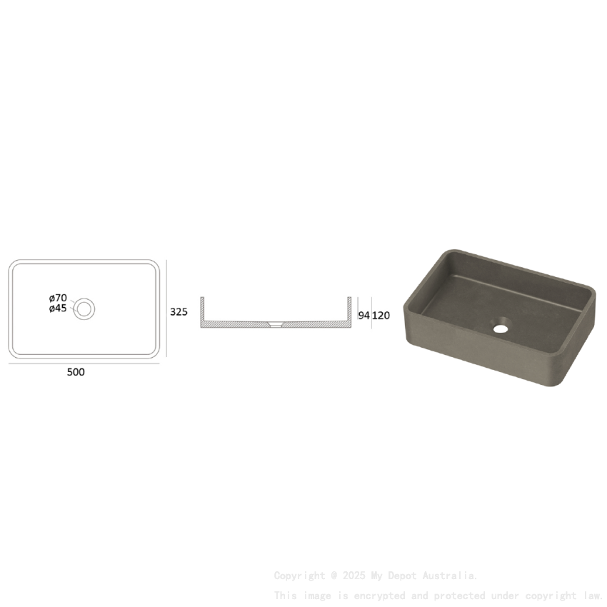 Zale Concrete Rectangle Basin Grey 500 x 350 x 120 NTH Dark Grey