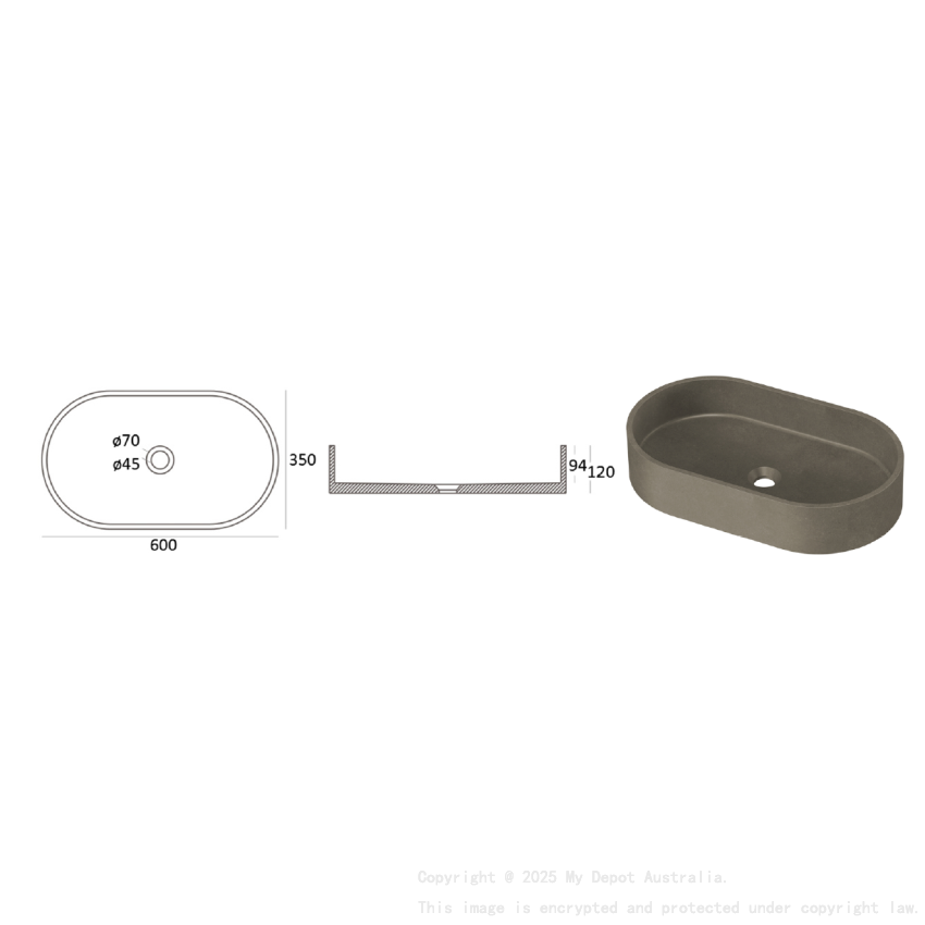 Zale Concrete Oval Basin Grey 600 x 350 x 120 NTH Dark Grey