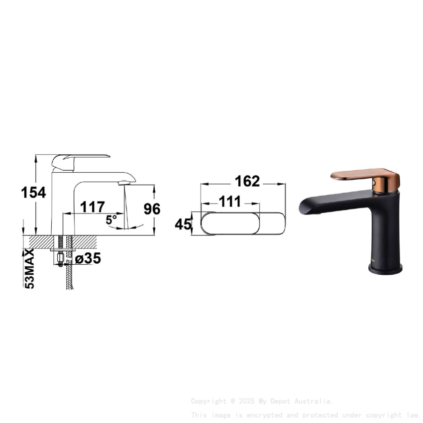 Kara Basin Mixer Black & Rose Gold Handle