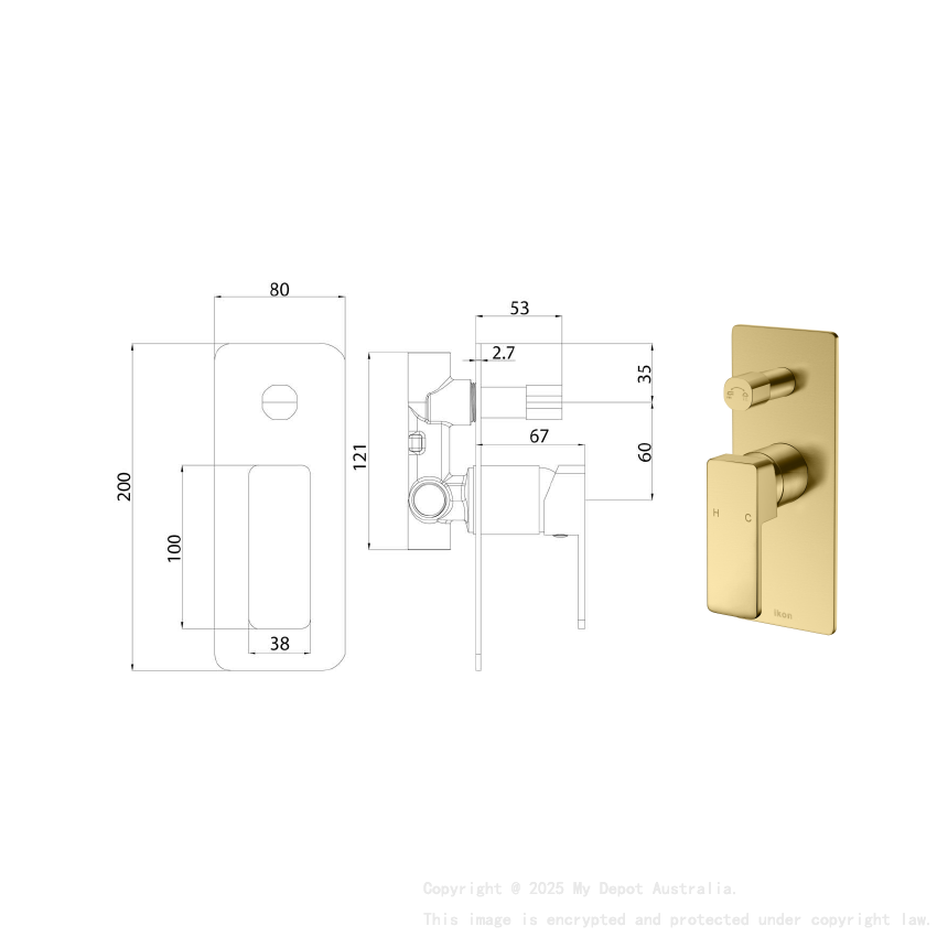 Ceram Wall Mixer with Diverter Brushed Gold